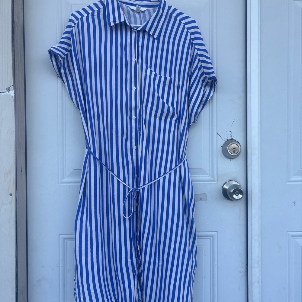H&M Blue and White Vertical Stripe Shirt Dress